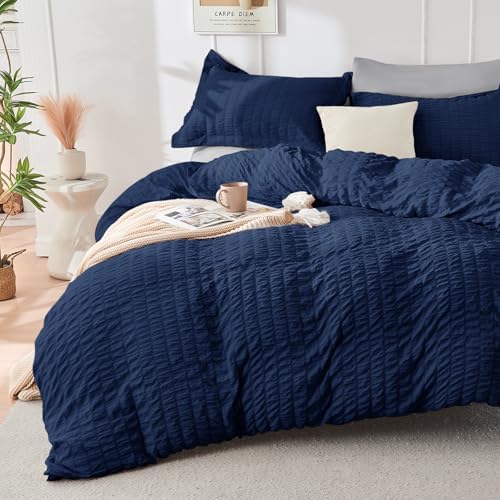 HYMOKEGE Navy Blue/Light Grey Oversized Queen Comforter Set Seersucker 7 Pieces - Image 2