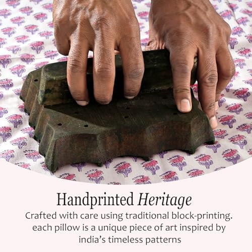 CPC Block Print Pink Sapphire Ruffle Cotton Lumbar Pillow Cover 14x36 inch - Image 4