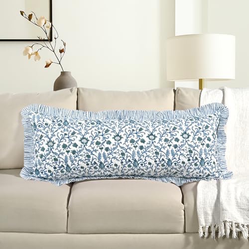 CPC Block Print Ocean Vine Ruffle Cotton Lumbar Pillow Cover 14x36 inch by COTTONPRINTCLUB