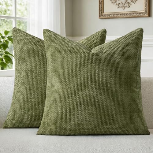 a moment Olive Green Chenille Throw Pillow Covers 20x20 Inch Pack of 2 Modern by amoment