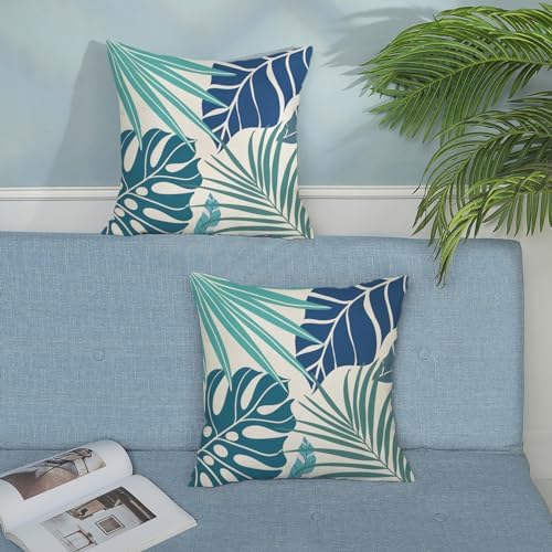 Tropical Pillow Covers 20x20 Set of 2 Navy Blue Aqua Teal Monstera Palm Leaf - Image 4