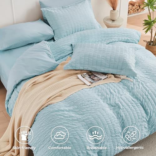 HYMOKEGE Lake Blue Oversized Queen Comforter Set Seersucker 7 Pieces, All - Image 3