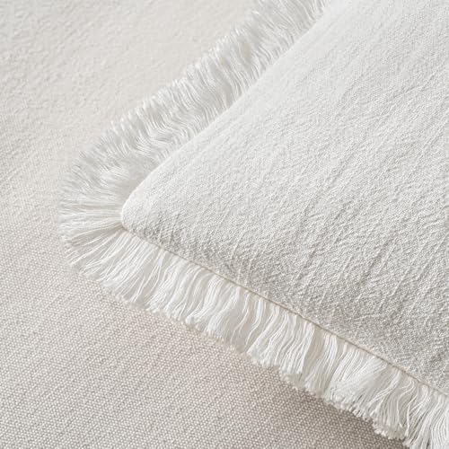 MIULEE Boho Linen Fringe Decorative Euro Throw Pillow Covers White 22x22 - Image 3