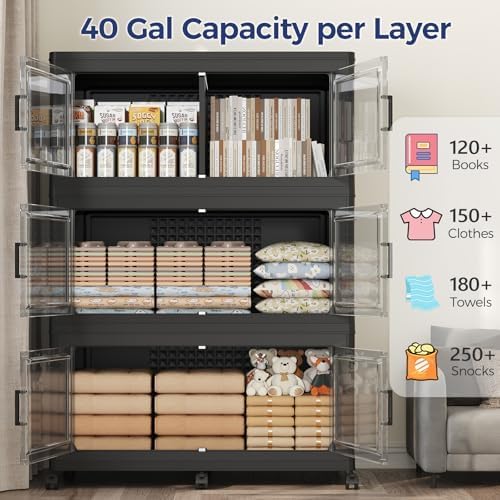 480 QT Extra Large Stackable Storage Bins with Lid, 120 Gal Collapsible Storage Box with Wheels, Folding Closet Organizers and Storage Cabinet with Doors for Home, Kitchen, Office, 3Pack Black