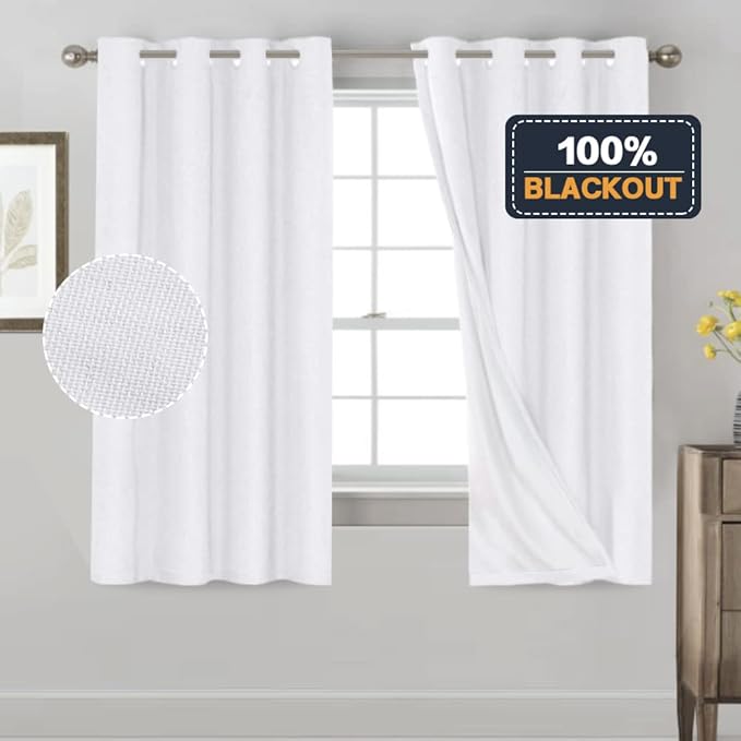 PrinceDeco Pure White Blackout Curtains 63 Inches Long Short Blackout Curtains 2 Panels Sets for Bedroom Living Room Grommet Full Light Blocking Linen Curtains Energy Saving with White Liner