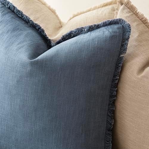 Foindtower Decorative Linen Fringe Throw Pillow Covers 24×24 Inch, Dark Blue - Image 5