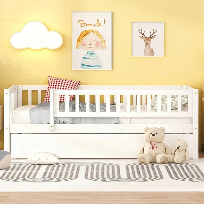 Bellemave Twin Kids Bed Frames with Rails for Kids, Twin daybed with Trundle for Boys/Girls/Adults，White