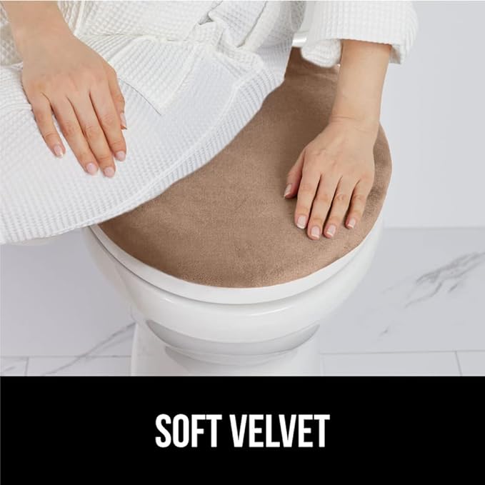 GORILLA GRIP Thick Memory Foam Bathroom Toilet Lid Seat Cover, Soft Velvet Topside, Machine Wash, Plush Cushioned Covers Fits Most Size Lids, Decorative Bath Room Accessories, 19.5x18.5, Taupe