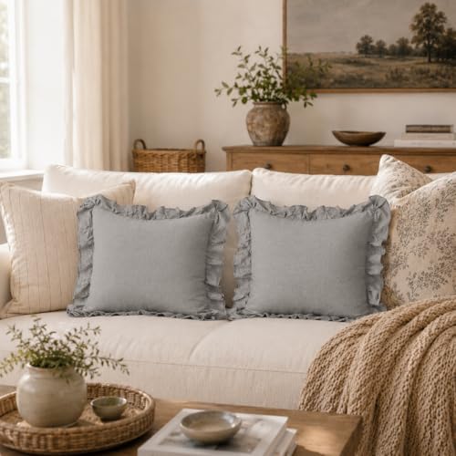 JoraLion Ruffled Throw Pillow Cover 20x20 Solid Light Gray by JoraLion