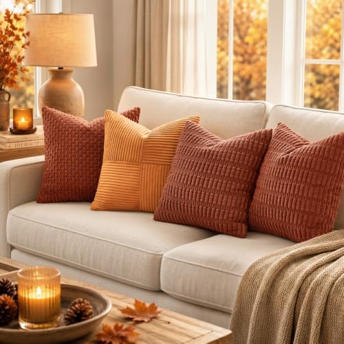 MIULEE Fall Euro Corduroy Decorative Throw Pillow Covers 24x24 Dark Rust - Image 3