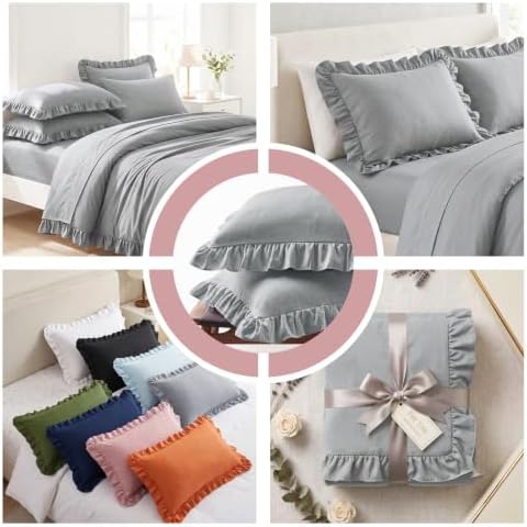 Set of 2 Microfiber Ruffle Pillow Cases Queen Size Silver Gray - Image 4