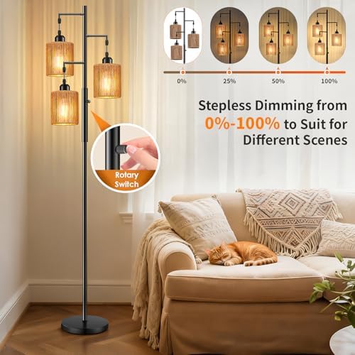 Hotsonic 72" Boho Rattan Tree Floor Lamp, Tall Dimmable Industrial Standing Lamp, Corner Decor Accent Lighting for Living Room, Bedroom, Dining Room, Nursery, Cafe (3 x 800LM Bulbs Included) - Black - Image 4