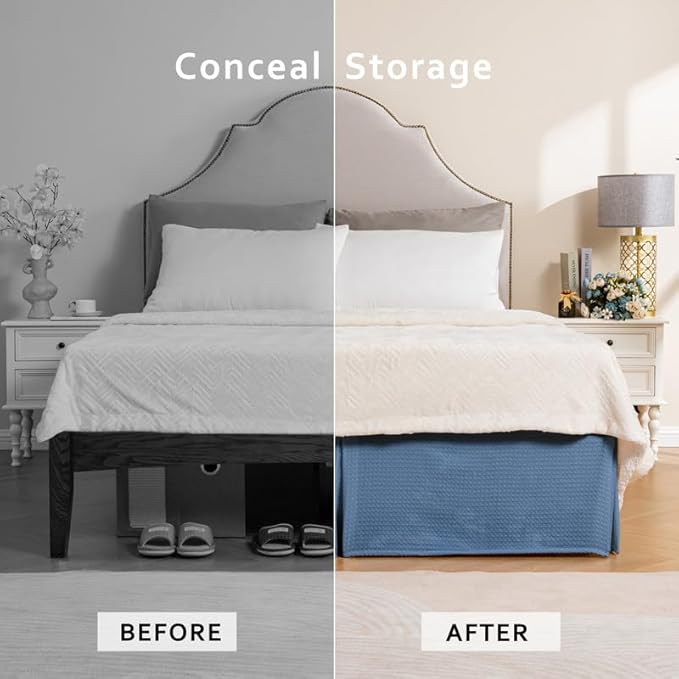 MIYE Pleated Waffle Weave Bed Skirt, Tailored Dust Ruffle 16 Inch Drop Easy Fit, Machine Washable (Blue, Full - 16" Drop)