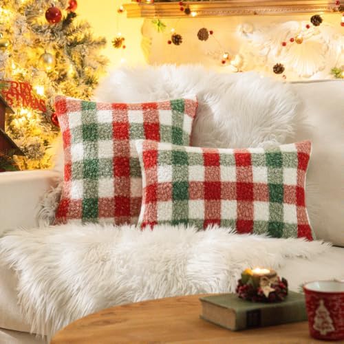 AQOTHES Red Green Plaid Christmas Throw Pillow Covers 18x18 Inch Set of 2 - Image 2
