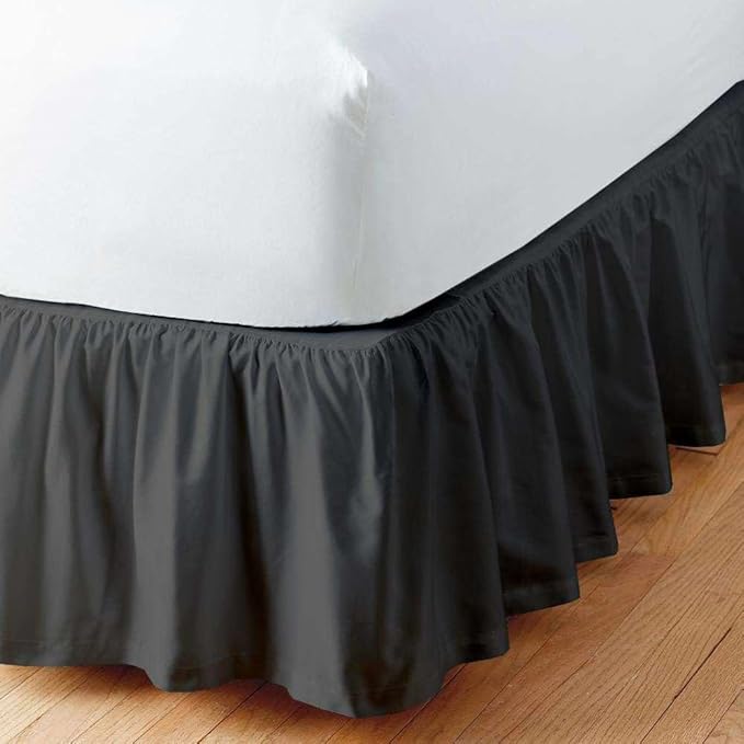 Dark Grey Solid Ruffled Bed Skirt Short Queen-10 Inch Drop Split Corner, Microfiber Bedskirt with Platform Three Sided Coverage
