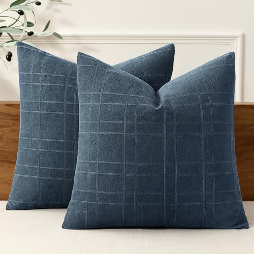 MIULEE Linen Plaid Pillow Covers Coastal Decorative 18x18 Dark Blue by MIULEE