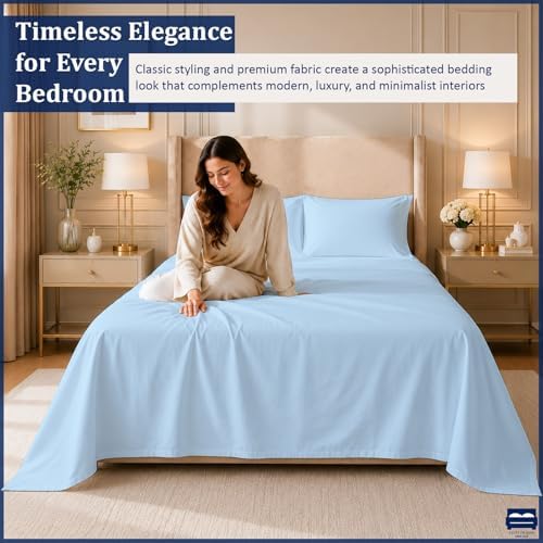 Cottingon 4 Piece Queen Sheets Fits 16" Deep, Egyptian Cotton, Light Blue - Image 3