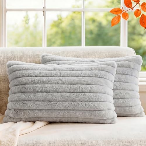 Set of 2 Decorative Throw Pillow Covers 20x12 Faux Fur Light Gray by MEGAYESHome