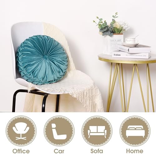 HIG Set of 2 Teal Velvet Decorative Round Pleated Throw Pillows - Image 4