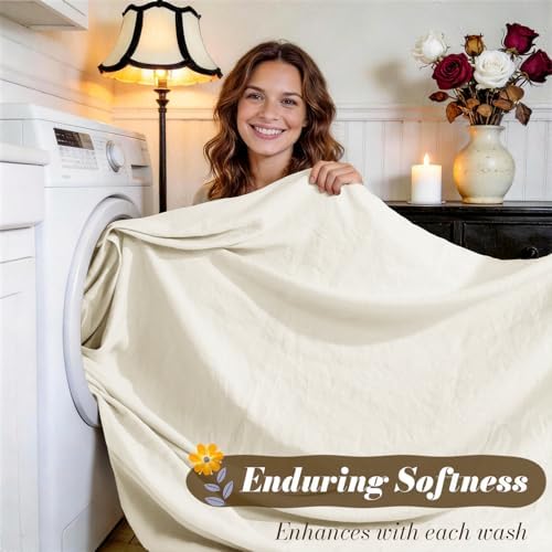 SONORO KATE 100% French Linen Queen Size Sheets Set, Natural Flax Bedding - Image 5