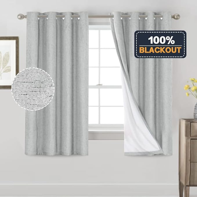 PrinceDeco Blackout Curtains 63 Inch Length Short Blackout Curtains 2 Panels Sets for Bedroom Living Room Room Darkening Curtains Linen Texture Drapes for Windows, 52" W x 63" L,Glacier Grey