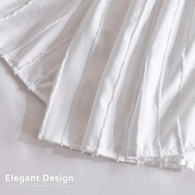 MIYE Striped Tufted Bed Skirt - Wrap Around Dust Ruffle with Elastic Belts - 15 Inch Drop Easy to Put On - Bedskirt Machine Washable ＆ Wrinkle Resistant(Striped/White, Full/Twin-15 Drop)