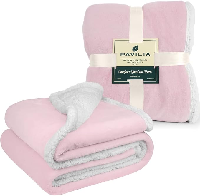 PAVILIA Sherpa Fleece Throw Blanket for Couch, Light Pink, Plush Soft Fuzzy Sofa Blanket, Cozy Reversible Winter Throw for Women Men, 50x60 Inches