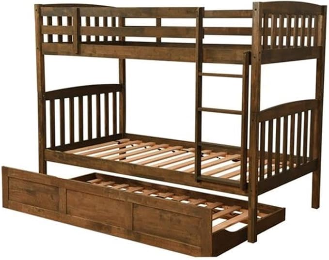 Kodiak Furniture Claire Wood Twin Over Twin Bunk Bed with Trundle Bed in Rustic Walnut Brown Finish - Mattresses Not Included