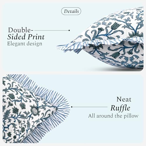 CPC Block Print Ocean Vine Ruffle Cotton Lumbar Pillow Cover 14x36 inch - Image 2