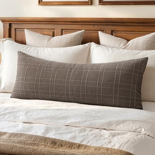MIULEE Long Lumbar Throw Pillow Cover 14x36 Soft Linen Check Decorative by MIULEE