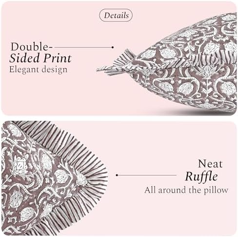 CPC Block Print Mocha Regal Ruffle Cotton Lumbar Pillow Cover 12x20 inch - Image 2