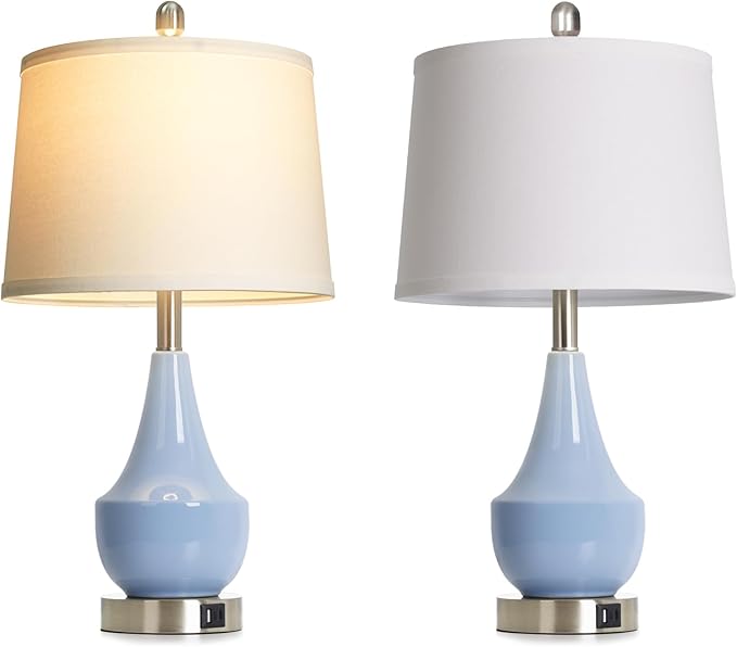 Modern Blue Table Lamp Set of 2, 24" Ceramic Table Lamp with USB A+C Ports,Classic Beside Lamps Nightstand Lamp Modern Lamp for Living Room, Bedroom & Office -LED Bulbs Included