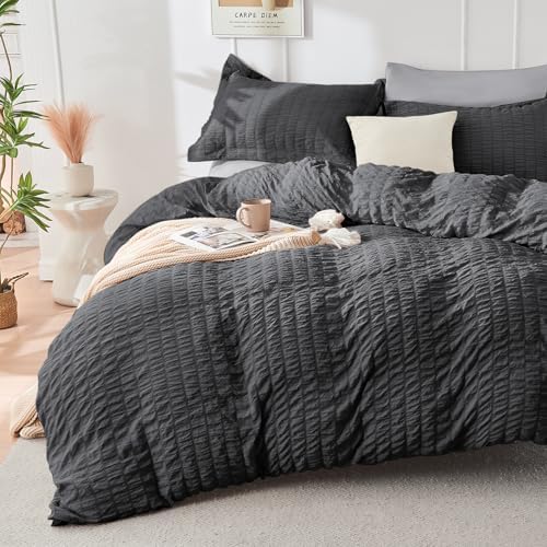 HYMOKEGE Dark Grey/Light Grey Oversized Queen Comforter Set Seersucker 7 Pieces - Image 2