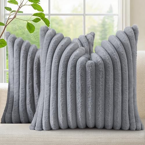 decorUhome Fall Faux Fur Throw Pillow Covers 26x26 Set of 2 Grey by decorUhome