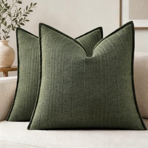 decorUhome Olive Green Textured Linen Throw Pillow Covers 20x20 Set of 2 by decorUhome