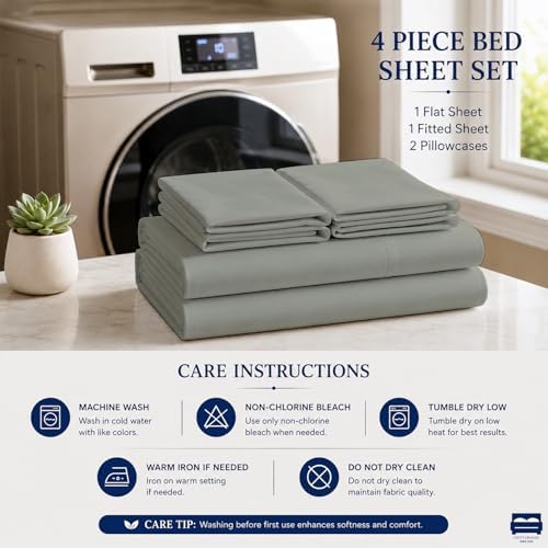Cottingon 4 PC Olympic Queen Sheets, Egyptian Cotton, Light Grey - Image 5