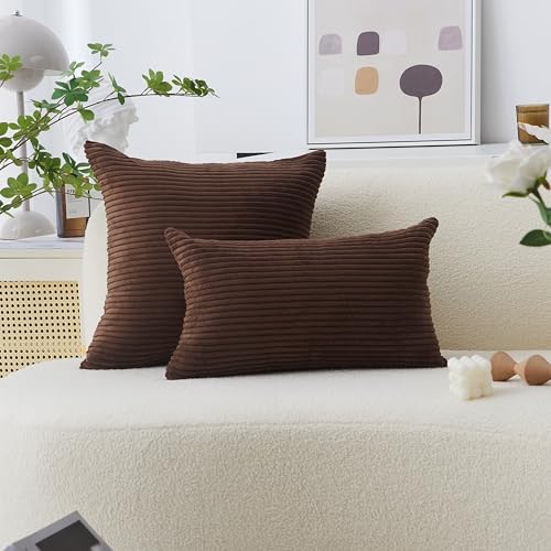 Home Brilliant Brown Couch Pillow Covers Set of 2 Soft Striped Velvet - Image 5