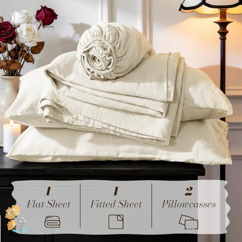 SONORO KATE 100% French Linen Queen Size Sheets Set, Natural Flax Bedding - Image 7
