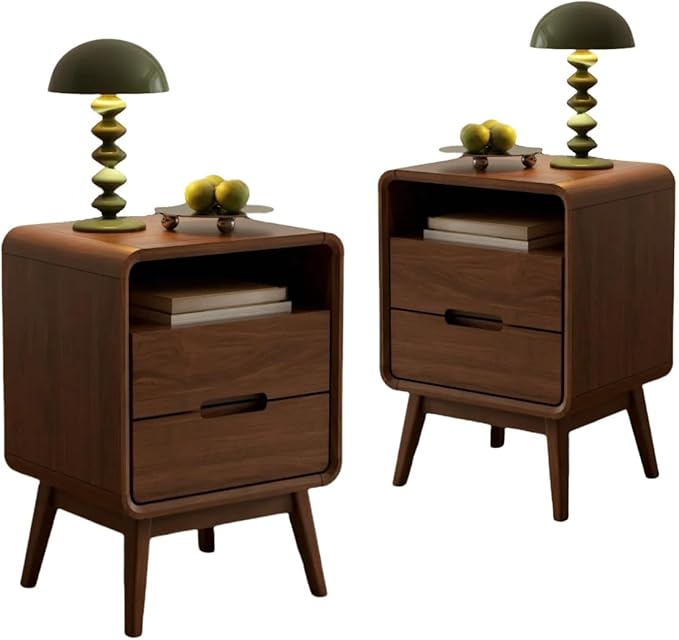 Walnut Nightstand Set of 2, Solid Wood Nightstand with Drawers & Open Storage Shelf, Mid Century Modern Nightstands, Wood End Table for Bedroom, (Dark Black Walnut, 23.23" H)