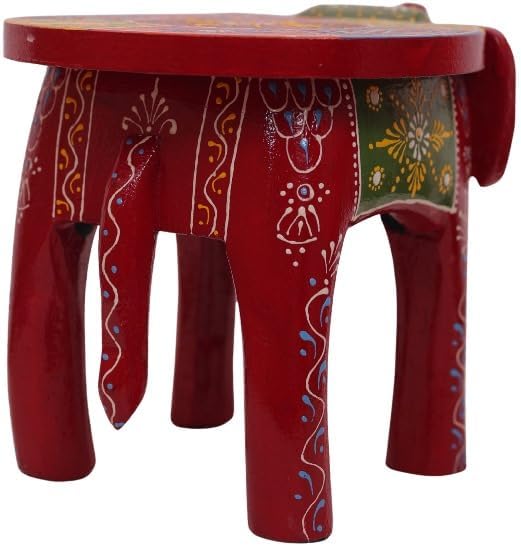 Handcrafted Wooden Elephant Stool, Hand-Painted Accent Table for Living Room, Bedroom & Office Décor (8 in)