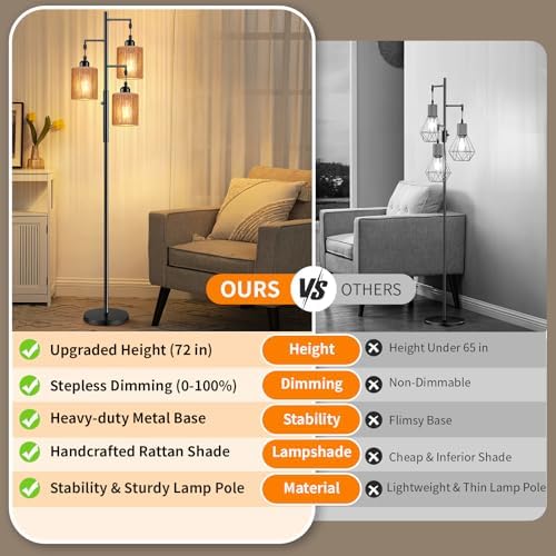 Hotsonic 72" Boho Rattan Tree Floor Lamp, Tall Dimmable Industrial Standing Lamp, Corner Decor Accent Lighting for Living Room, Bedroom, Dining Room, Nursery, Cafe (3 x 800LM Bulbs Included) - Black - Image 3