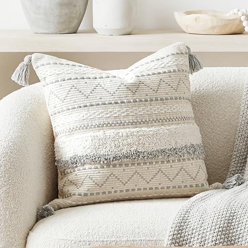 BlissBlush 20X20 Throw Pillow Cover, Cream Neutral Square Decorative Cushion by BlissBlush
