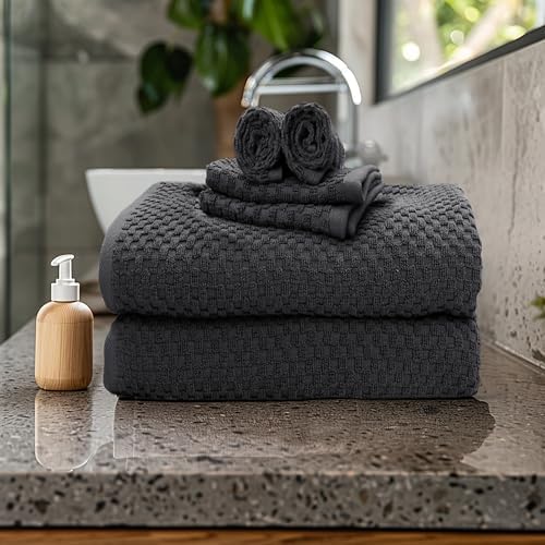 COTTON CRAFT Euro Spa Waffle Weave 6 Piece Towel Set - 100% Cotton - Charcoal - Image 2