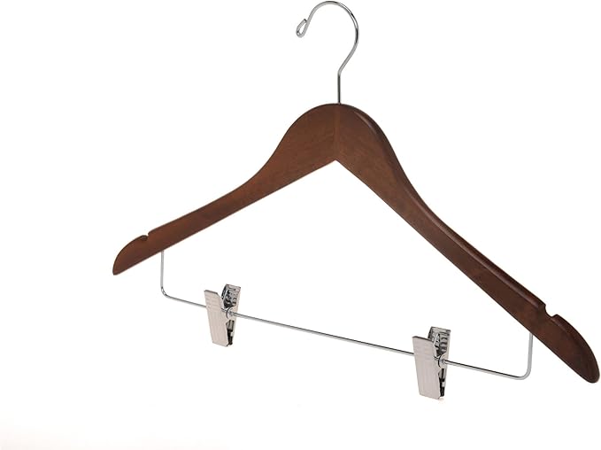 Quality Wooden Skirt Hangers with Clips 80-Pack Walnut Pants Hangers with Adjustable Chrome Metal Clips, Swivel Hook, Coat, Jacket, Blouse Suit Hangers (Walnut - Chrome Hook, 80)