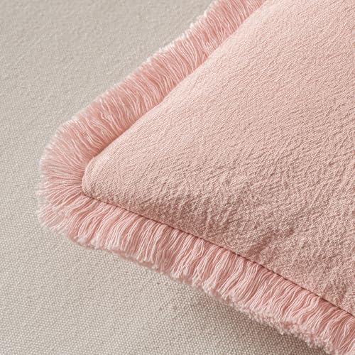 MIULEE Boho Linen Fringe Decorative Throw Pillow Covers Pink 18x18 - Image 3