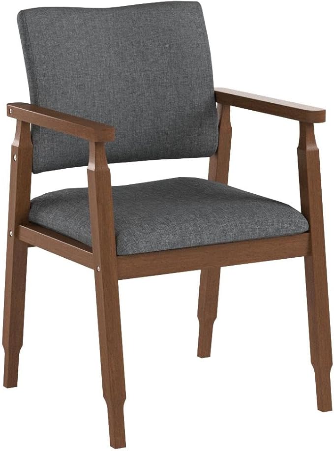 thksbought Set of 2 Mid Century Modern Walnut Dining Chairs Wood Arm Grey Fabric Kitchen Cafe Living Room Decor Furniture