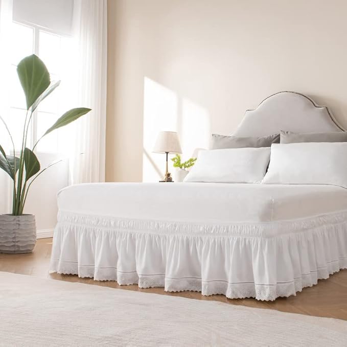 MIYE Wrap Around Ruffled Lace Bed Skirt, Elastic Dust Ruffle with Adjustable Belts, Easy to Put On, Bed Frame Cover, Machine Washable (Embroidered/White, King/Queen-18 Drop)