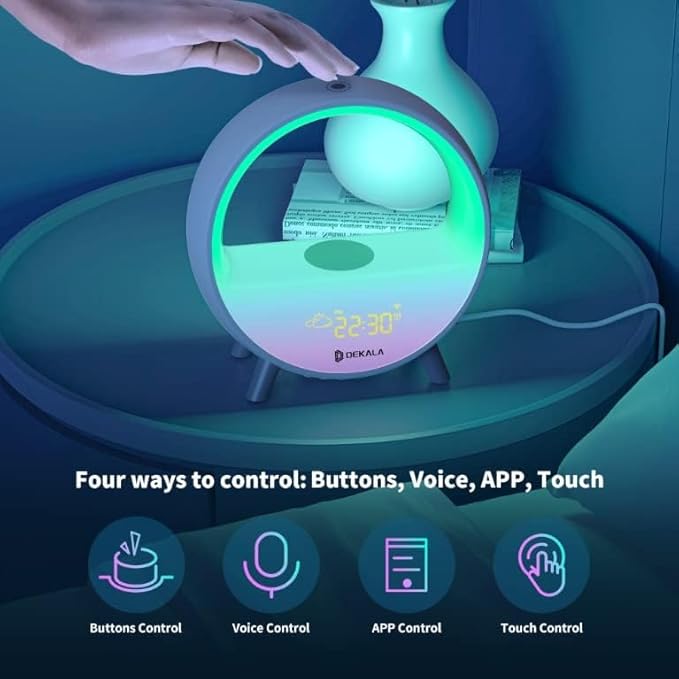 Dekala Arches Gradual Sunrise Alarm Clock with Wireless Charging, Sunset White Noise Sound Machine Loud Sunsire Alarm Clock for Heavy Sleepers Smart Ambient Lamp Sunrise App/Touch Control
