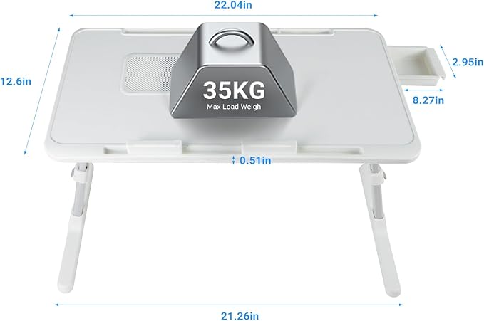 Laptop Lap Desk with Cooling Fan - Adjustable with Light, USB, Storage Drawer - Folding Bed Desk,22.04"*12.59",White