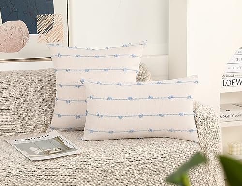 NUYECY Set of 2 Boho Throw Pillow Covers 24x24, Light Blue and White Neutral - Image 2